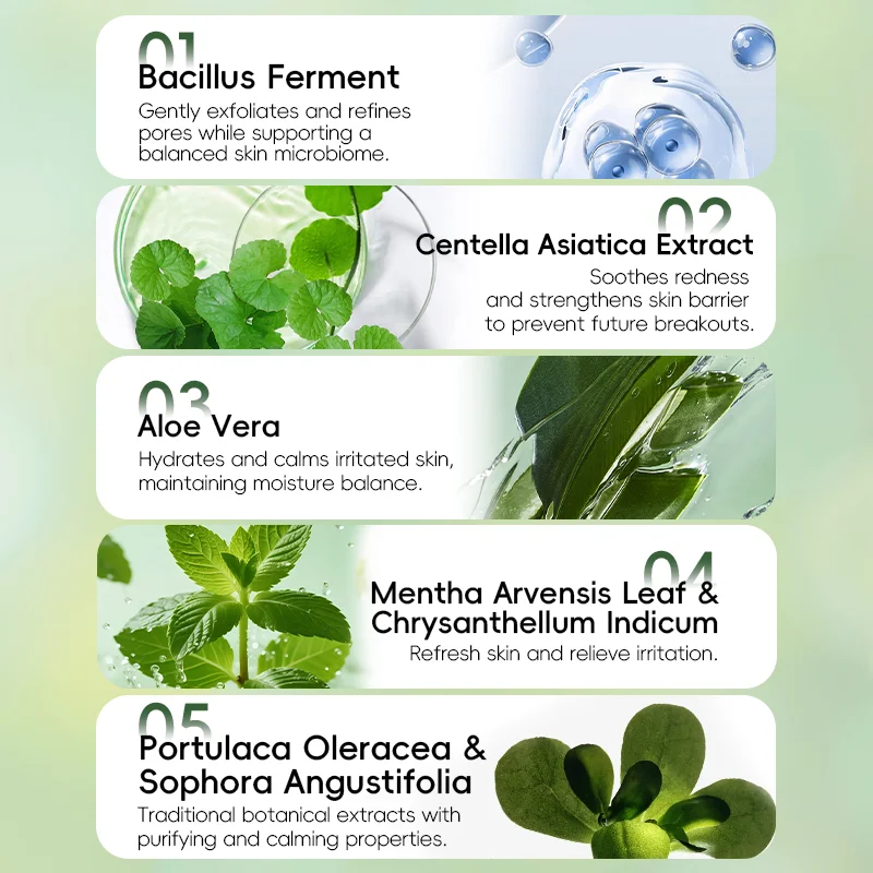 List of skincare ingredients including Bacillus Ferment, Centella Asiatica, Aloe Vera, Mentha Arvensis Leaf, Chrysanthemum Indicum, Portulaca Oleracea, and Sophora Angustifolia, with descriptions of benefits.